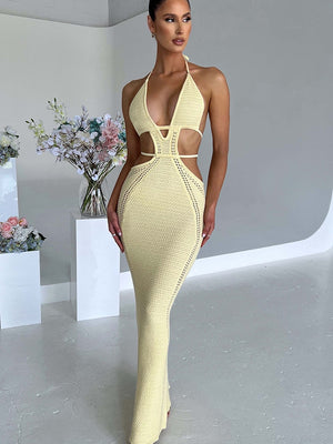 Backless Solid Hollow Out Bandage Sexy Slim Maxi