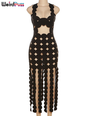 Weird Puss Hollow Dress Skinny Tassel See Through Bodycon