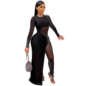 New Fashion Women Mesh Diamonds Stitching Jumpsuits