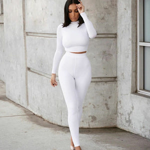 Winter Women  Long Sleeve Crop Tops Pants Set