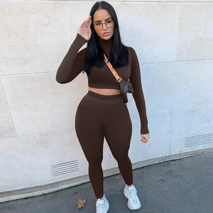 Winter Women  Long Sleeve Crop Tops Pants Set