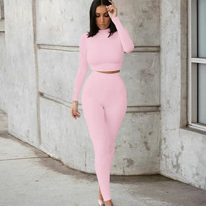 Winter Women  Long Sleeve Crop Tops Pants Set