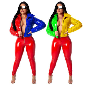 Color Patchwork PU Faux Leather Bubble Coat for Women