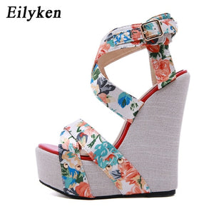 Print Flower Fabric high heels Wedges Sandals