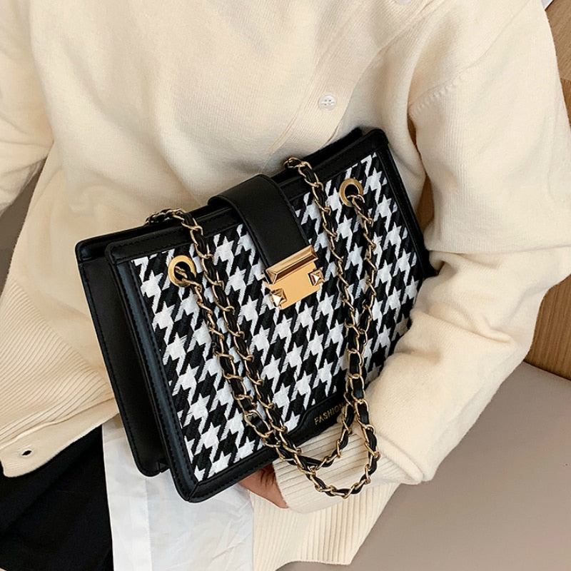 Fashion Houndstooth WOOL Chain Shoulder Bag