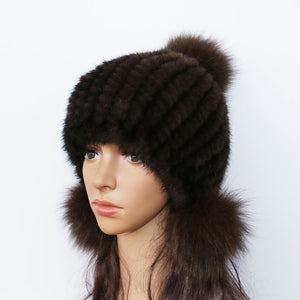 Fashion Women Real mink hat  fox fur ball cap