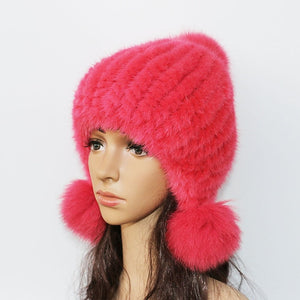 Fashion Women Real mink hat  fox fur ball cap