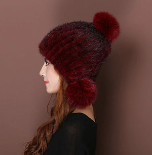 Fashion Women Real mink hat  fox fur ball cap