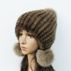 Fashion Women Real mink hat  fox fur ball cap