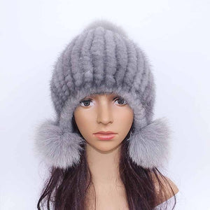 Fashion Women Real mink hat  fox fur ball cap