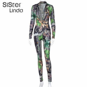 Long Sleeve Print Zip Up Skinny Bodycon Jumpsuits