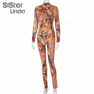 Long Sleeve Print Zip Up Skinny Bodycon Jumpsuits