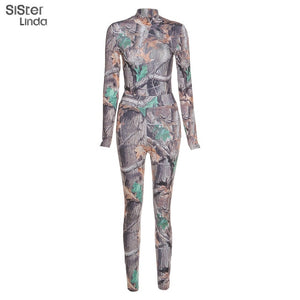 Long Sleeve Print Zip Up Skinny Bodycon Jumpsuits