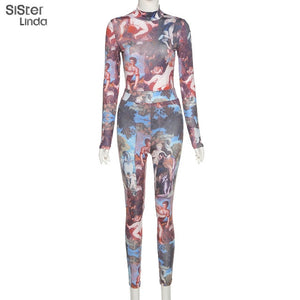 Long Sleeve Print Zip Up Skinny Bodycon Jumpsuits