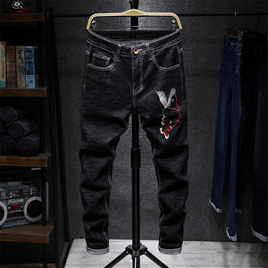 Lion head embroidery biker Straight jeans