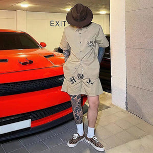 Gothic Two Pieces Set American Retro Letter Embroidery Lapel Short Sleeve Shirt Streetwear Hip Hop Y2K Harajuku print Casual