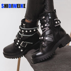 lace up shoes Gothic boots women pearl platform boots High Heel winter shoes motorcycle Ankle Boots